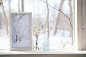 ai generado un delicado florero adorna un alto blanco ventana, descansando en un blanco de madera mesa. foto