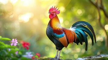 AI generated Beautiful rooster on nature background. photo