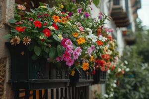 ai generado vistoso flores creciente en cajas colgando en balcón cerca foto