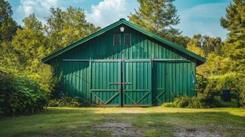 AI generated Green barn on farm landscape photo