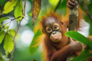 AI generated Baby orangutan in his natural environment in the rainforest photo