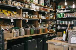 AI generated Zero waste shop interior details. Wooden shelves with different food. photo