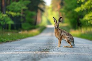 AI generated Hare standing on the road near forest at early morning or evening time. Road hazards, wildlife and transport. photo