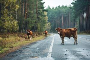 AI generated Cows standing on the road near forest at early morning or evening time. Road hazards, wildlife and transport. photo