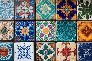 AI generated Beautiful colourful handmade ceramic tile with various ornament. photo