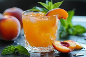 AI generated Close up of a drink in a glass on a table with peaches and mint and a few pieces of fruit on the table. photo