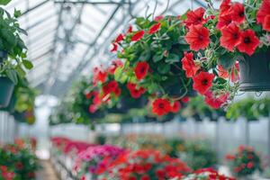 AI generated Large glass greenhouse with red flowers indoor and cultivation plants. photo