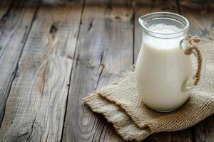 AI generated Glass jug of fresh milk on wooden table. photo