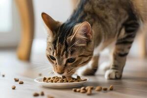 ai generado de cerca de gato comiendo seco comida desde bol. foto