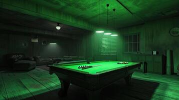 AI generated Pool table in a dark basement photo