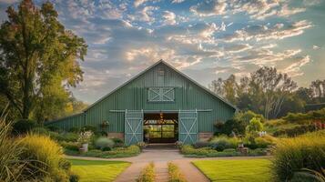 AI generated Green barn on farm landscape photo