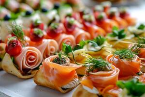 AI generated Buffet assortment of canapes. Delicious appetizers, catering food photo