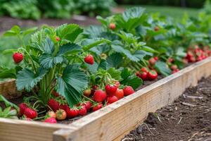 AI generated Strawberries grow in the garden in a raised bed. photo