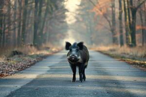 AI generated Boar standing on the road near forest at early morning or evening time. Road hazards, wildlife and transport. photo