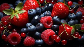 AI generated Berries Galore Strawberries Blueberries Raspberries photo