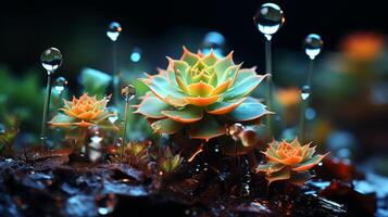 AI generated A succulent's fleshy leaves hold tiny droplets, transforming it into a captivating miniature world after rainfall photo