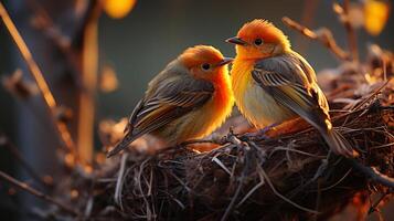 ai generado aves alimentar su joven en el nido foto