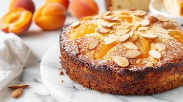 AI generated Pound cake with slivered almonds on top, apricots in background, on a white marble background photo