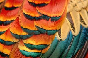 AI generated Closeup abstract background image of colorful ring-necked pheasant feathers. photo