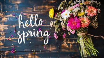 ai generado nuestra 'Hola primavera' inscripción conjunto en contra un fondo de vibrante flores capturas el esencia de el estación. foto