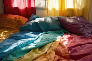 ai generado cama con hojas, almohadas y frazada. dormitorio interior foto