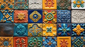 AI generated Beautiful colourful handmade ceramic tile with various ornament. photo