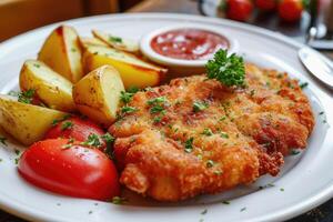 AI generated Schnitzel with potatoes and vegetables.. photo