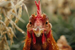 ai generado pollo come alimentar y grano a eco pollo granja foto