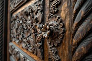 AI generated Wooden carved door close-up. photo