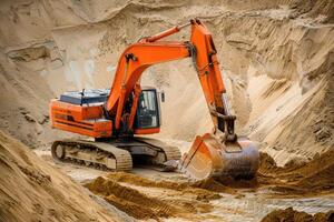 ai generado un excavador en el arena a un construcción sitio. foto