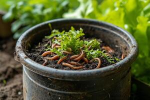 AI generated Turning food waste or garbage into fertilizer using earthworms. photo