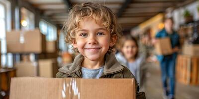 AI generated The photo captures a group of children happily carrying boxes down a hallway. They are working together, displaying teamwork and cooperation as they transport the items