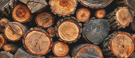 ai generado de cerca ver de apilado madera registros, destacando el intrincado patrones de árbol anillos y texturas foto