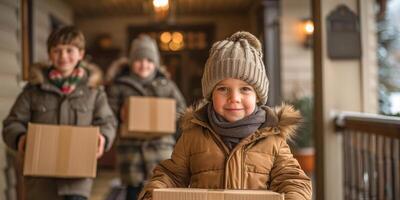 ai generado en esta foto, un Pareja de niños son en pie siguiente a varios cajas ellos Aparecer a ser comprometido en explorador o jugando alrededor el cajas foto