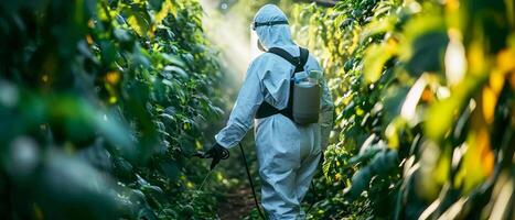 AI generated Gardener in a hazmat suit attends to plants at dusk photo