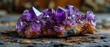 ai generado lustroso crudo amatista cristal racimos anidado entre rocas, mostrando su natural púrpura esplendor foto