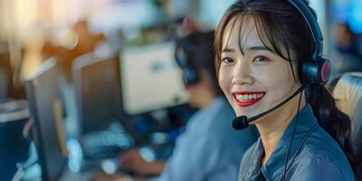 AI generated An asian woman with a headset on her head is smiling directly at the camera. She appears to be engaged in a conversation or customer service interaction. photo