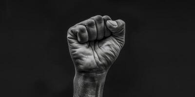 AI generated This black and white photo showcases a powerful fist raised in the air, symbolizing strength and determination. The contrast adds to the impact of the image