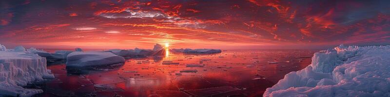 ai generado un iceberg flotadores graciosamente en el Oceano como el vibrante colores de el puesta de sol pintar el cielo. el icebergs dentado bordes contraste con el calma agua foto