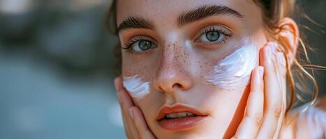 AI generated Beautiful moment of daily skincare. Close-up of a young woman applying cream to her cheek photo