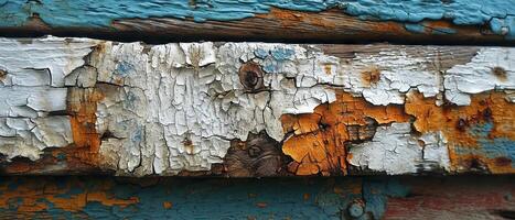 AI generated Artistic close-up of cracked and chipped layers of white and blue paint over an old wooden texture photo