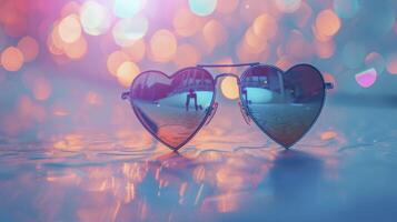 ai generado en forma de corazon Gafas de sol en contra un pastel bokeh antecedentes foto