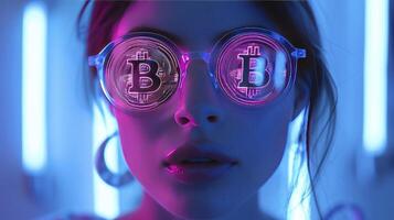 ai generado un retrato de un hipster mujer vistiendo bitcoin anteojos, neón Encendiendo, con bitcoins para lentes. foto