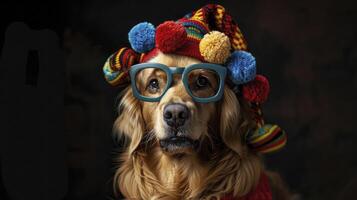 ai generado perro usa lentes y sombrero foto