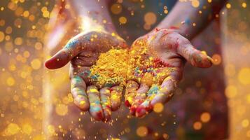 AI generated Two hands holding yellow powder during the Holi festival photo