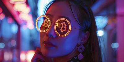 ai generado un retrato de un hipster mujer vistiendo bitcoin anteojos, neón Encendiendo, con bitcoins para lentes. foto