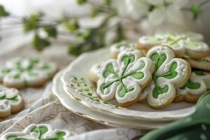 AI generated St Patrick's Day themed cookies with shamrock designs, on a table setting for a St Patrick's day party. photo