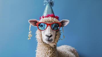 ai generado oveja vistiendo un fiesta sombrero y Gafas de sol aislado en azul antecedentes foto