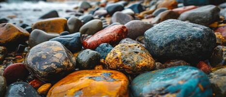AI generated Colorful Wet Pebbles and Rocks Close-up. A vibrant collection of wet pebbles and rocks in various colors and patterns, glistening with moisture photo