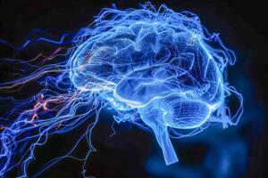 ai generado un vívido 3d ilustración de un humano cerebro rodeado por dinámica azul energía corrientes, simbolizando neural actividad y cognitivo procesos foto